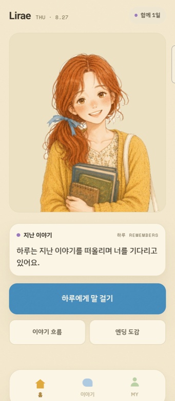 함께 1일째, 하루가 지난 이야기를 떠올리며 기다리고 있다는 홈 화면
